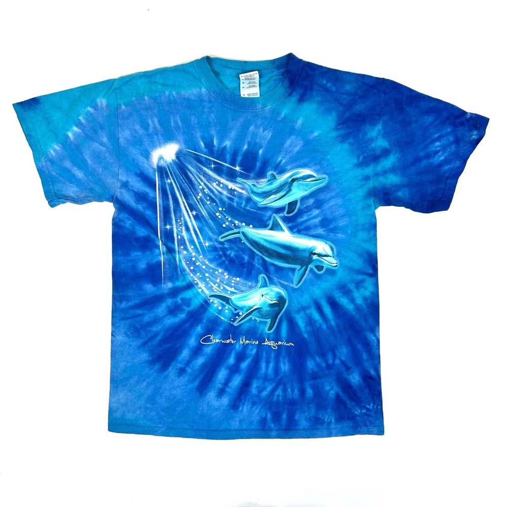 Gildan Clearwater Marine Aquarium Dolphin Tie Dye Graphic T-Shirt Blue Medium